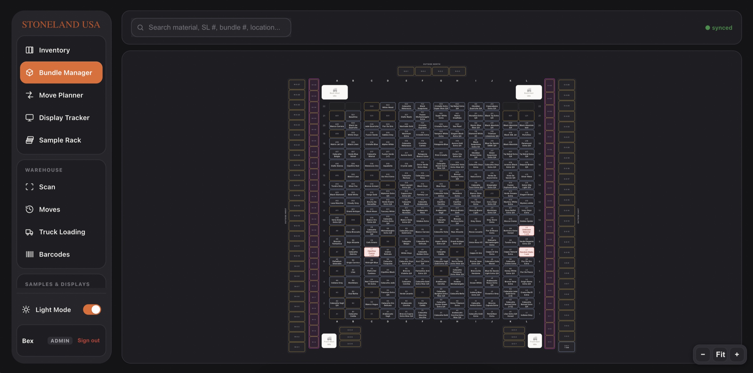 Stoneland Operations desktop dashboard with navigation and warehouse map