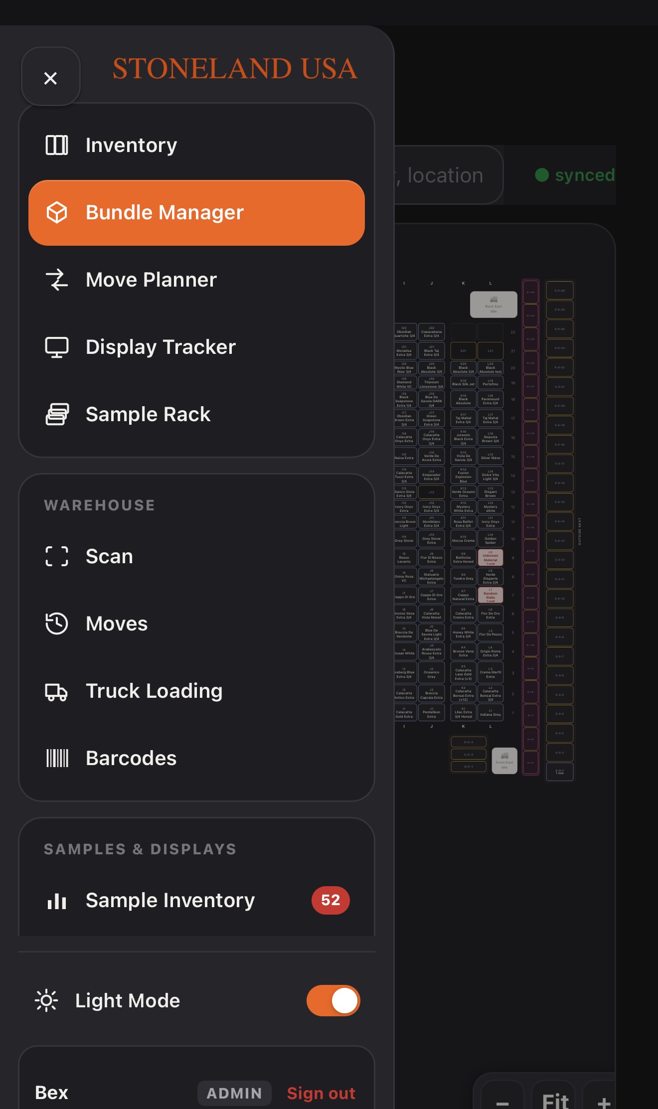 Stoneland Operations mobile navigation and warehouse map